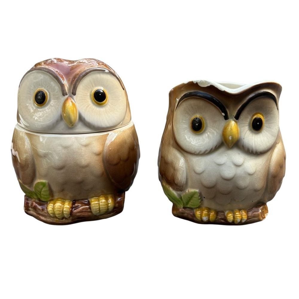 Vintage Owl Coffee Sugar & Creamer Set Woodland Kitchen Decor Retro Kitch 80's